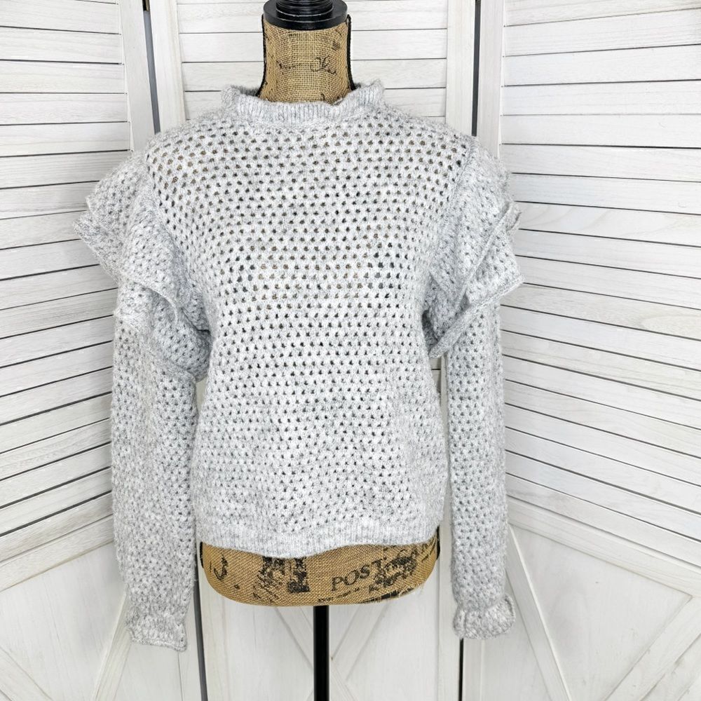 Broadway 38 Anthropologie Ruffle Shoulder Open‎ Knit Sweater Gray XS Wool Blend